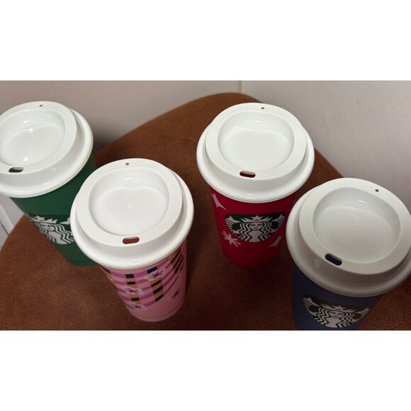 STARBUCKS REUSABLE PLASTIC CUP WITH LID HOT COLD LOT OF 4 16 OZ LIKE NEW - Picture 4 of 7